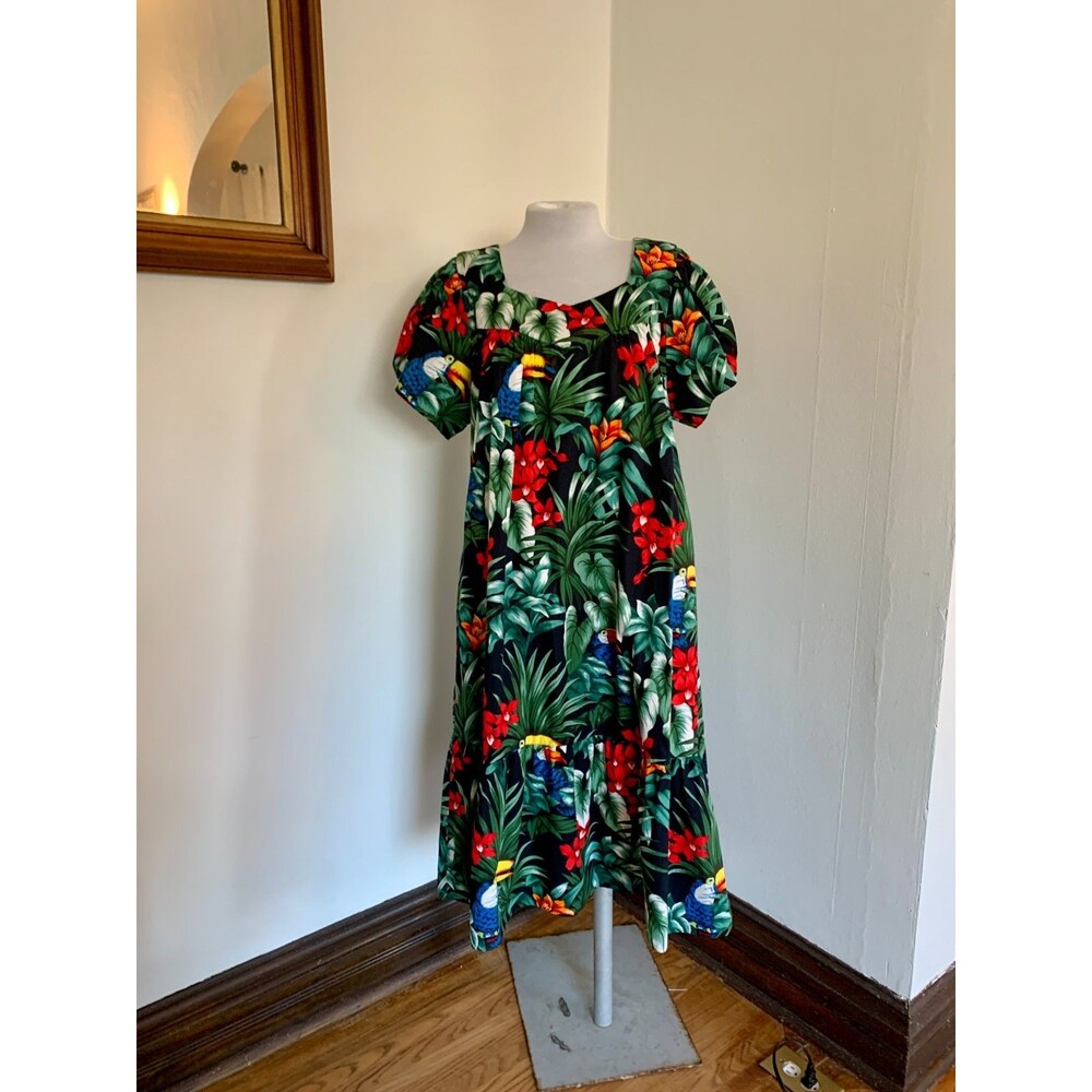 Royal Creations Hawaiian Dress Larg Black Tropical Mumu Midi Beach Parrot Cotton